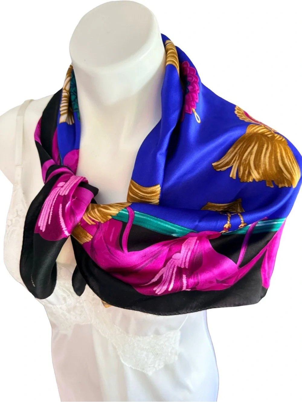Vintage Liz Claiborne Silk Scarf Royal Blue Magenta Gold Tassel Medallion 30x30